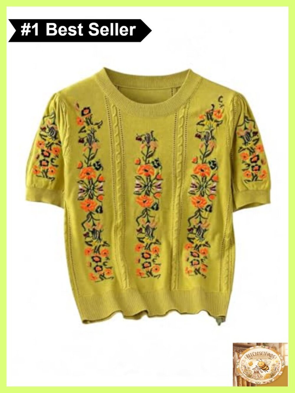 Womens Floral Embroidered Short Sleeve Knit Sweater Pullover
